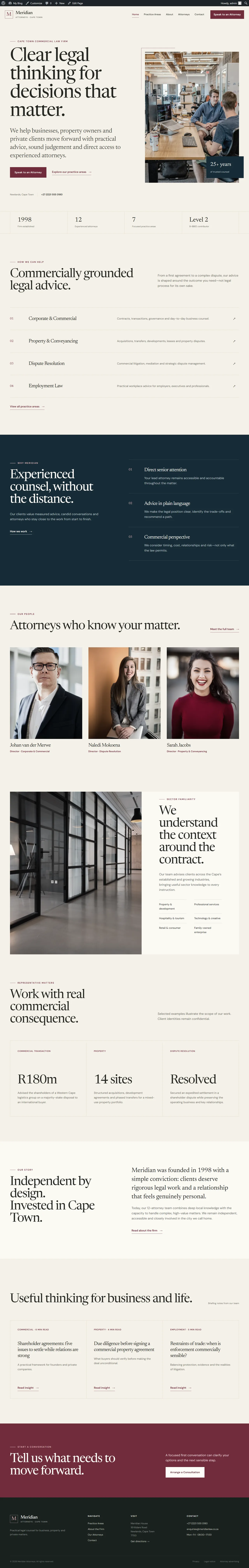 Full desktop view of the Meridian Law concept website