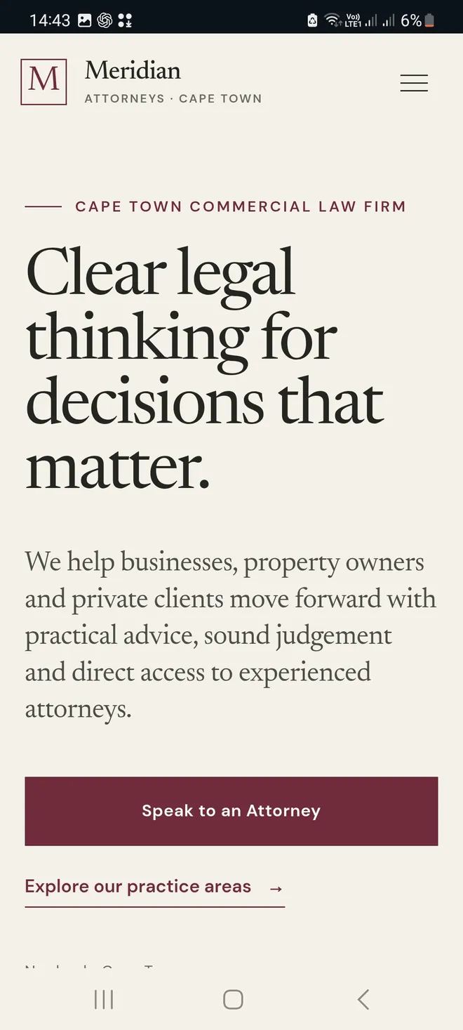 Meridian Law homepage on mobile
