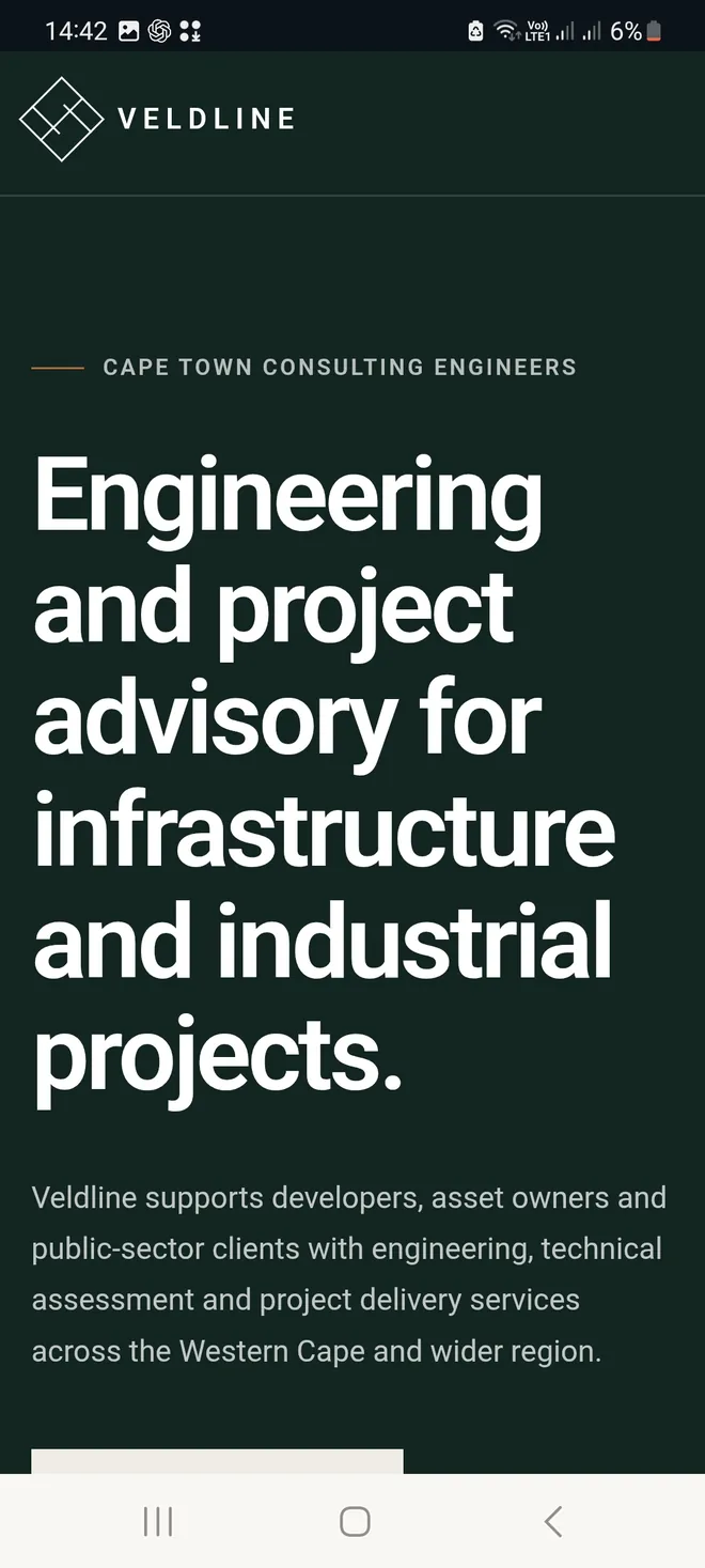 Veldline Engineering homepage on mobile